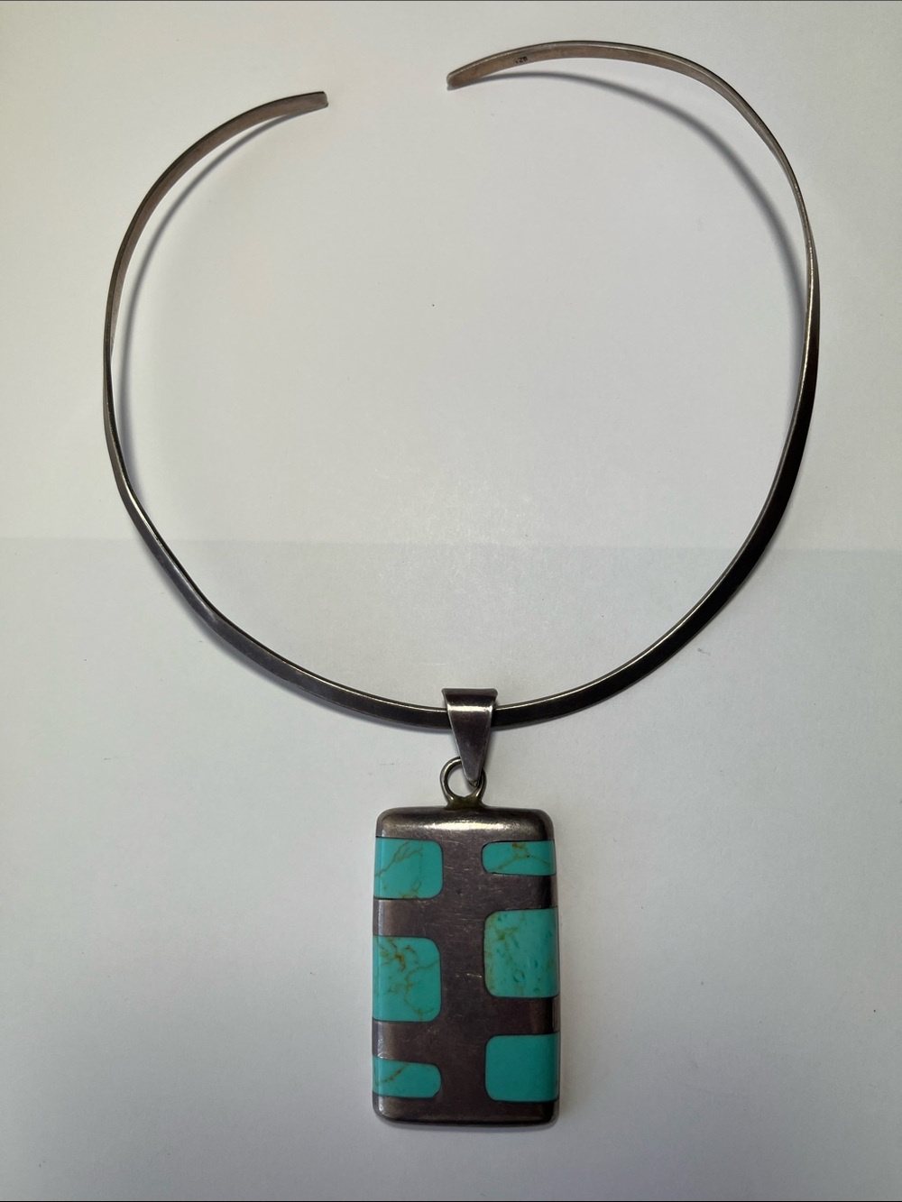 925 Mexico Sterling Silver Vintage Turquoise Inlay Pendant Necklace - Turquoise.